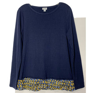 J CREW Pullover Top Navy Blue With Pleated Floral Hem Medium NEW